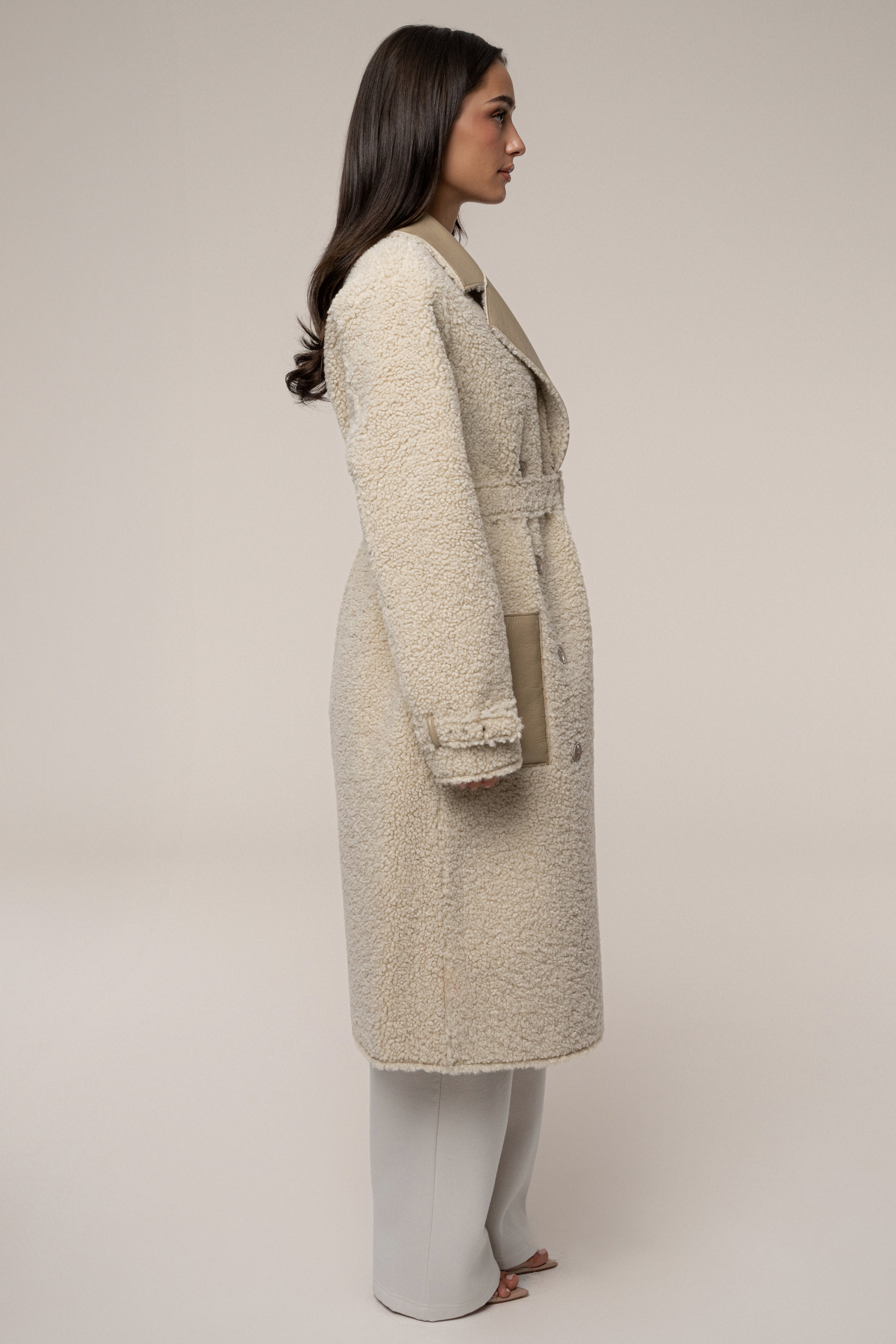 Beige/Ivory Sherpa And Faux Leather Coat