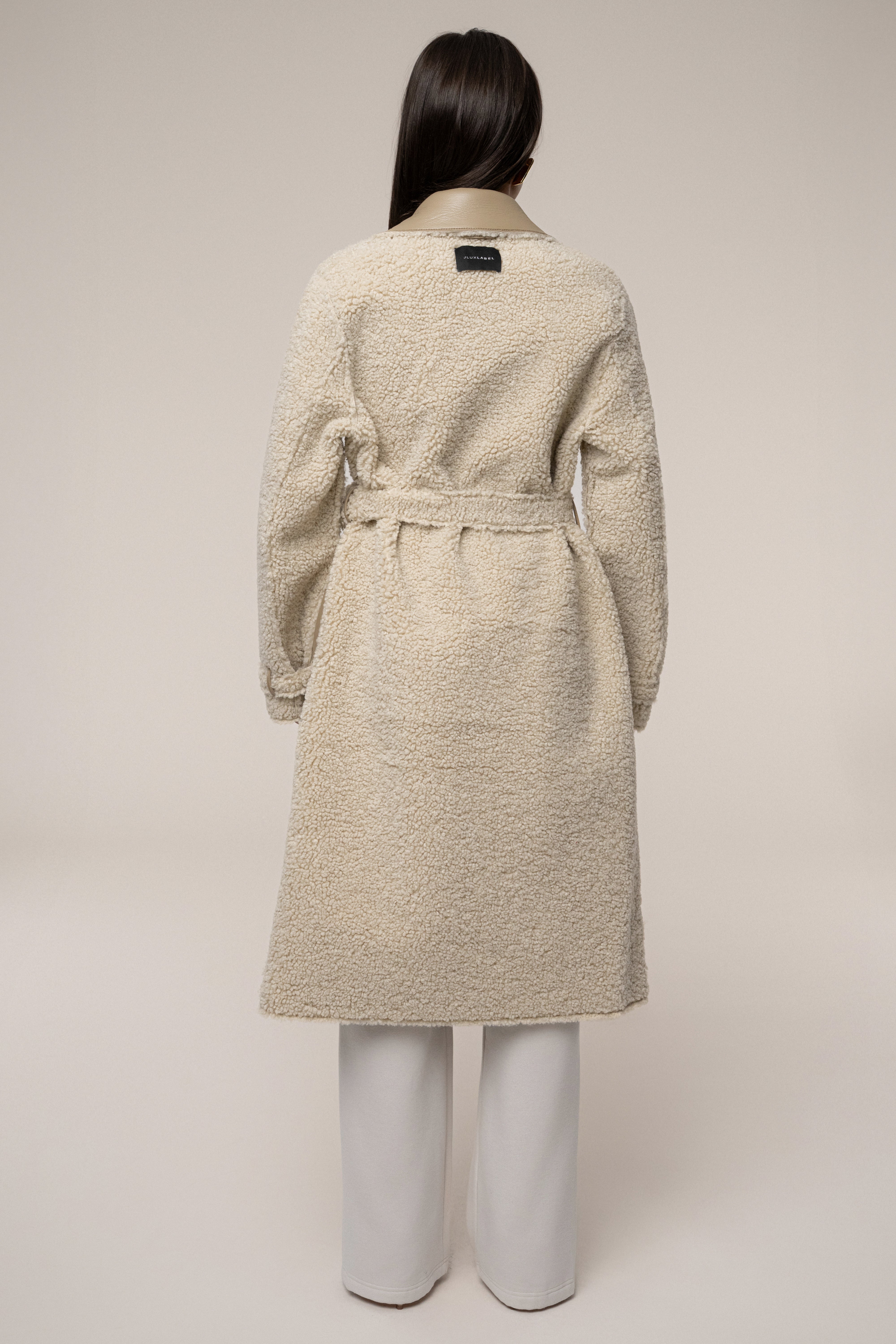 Beige/Ivory Sherpa And Faux Leather Coat