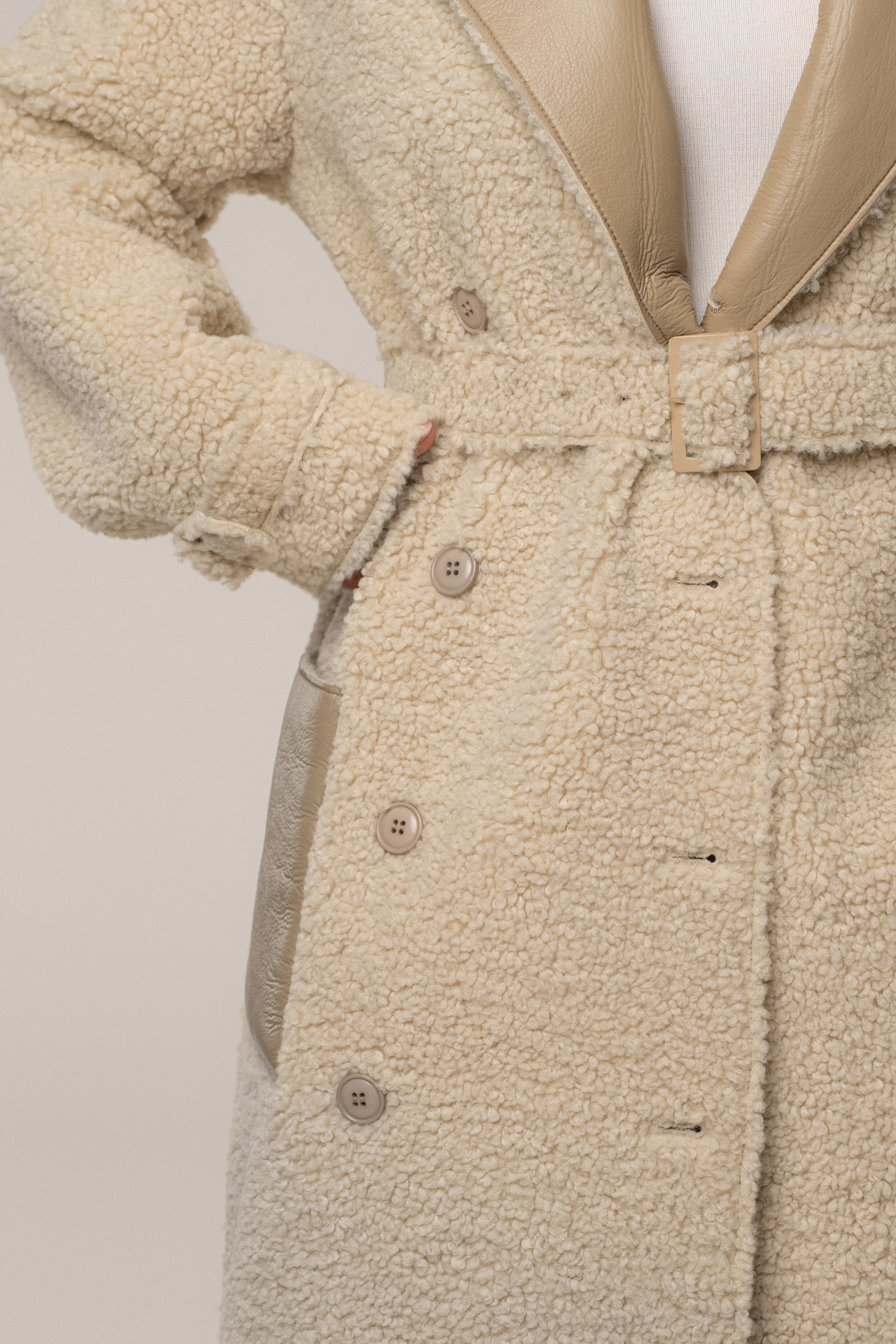 Beige/Ivory Sherpa And Faux Leather Coat