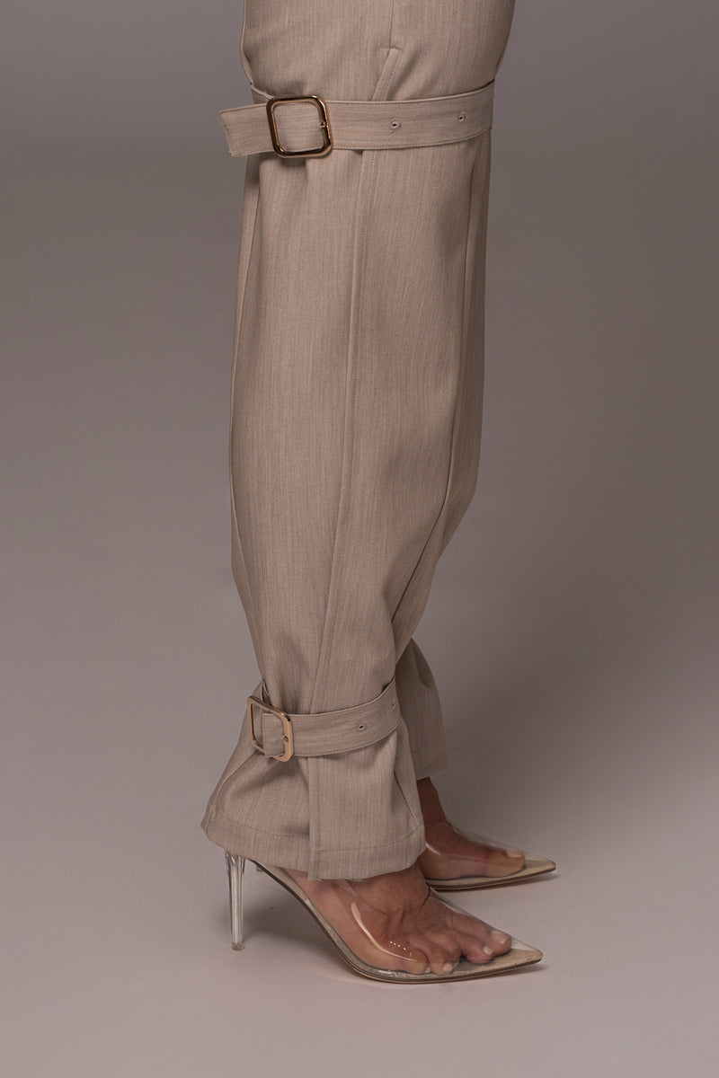 Brown Refined Belted Leg Pants - JLUXLABEL