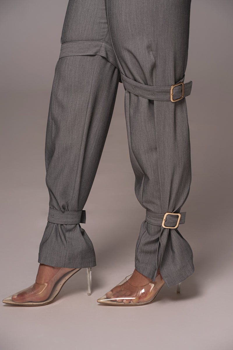 Grey Refined Belted Leg Pants - JLUXLABEL