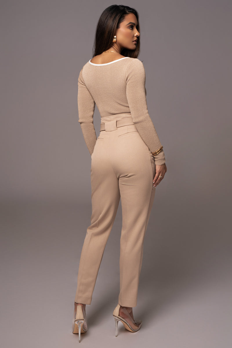 Beige Unstoppable Piped Knit Bodysuit - JLUXLABEL