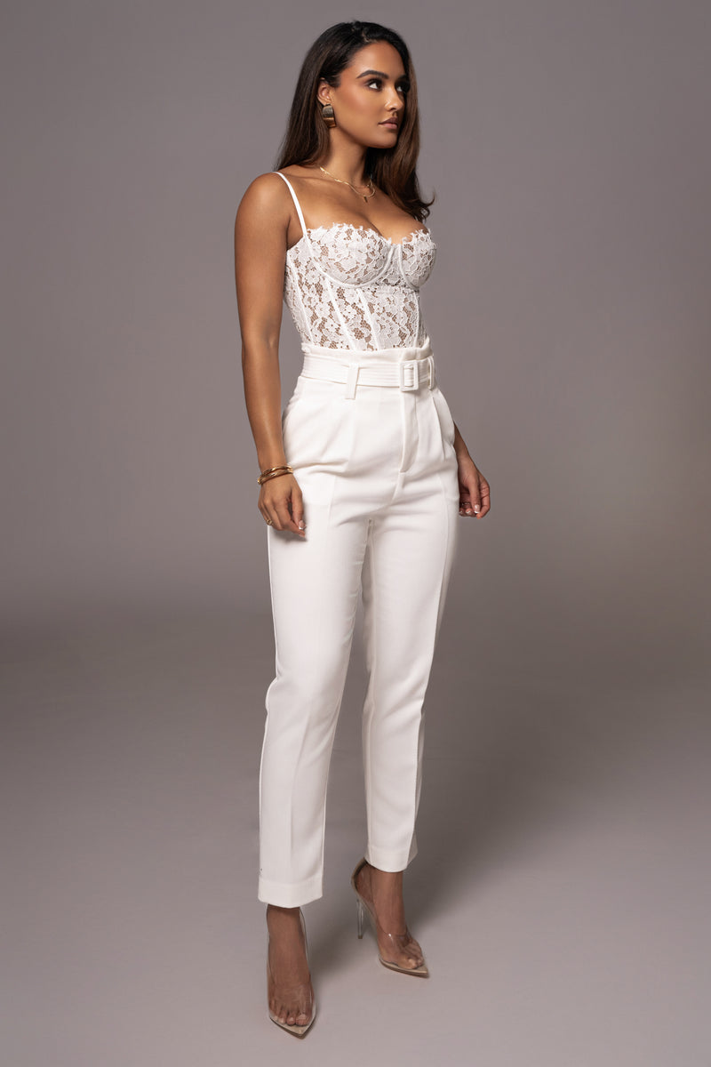 White Revival Belted High Waist Pants - JLUXLABEL