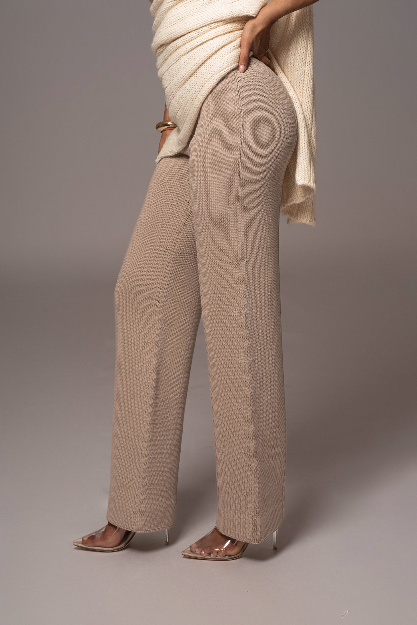 Beige Back In Business Knit Trousers - JLUXLABEL