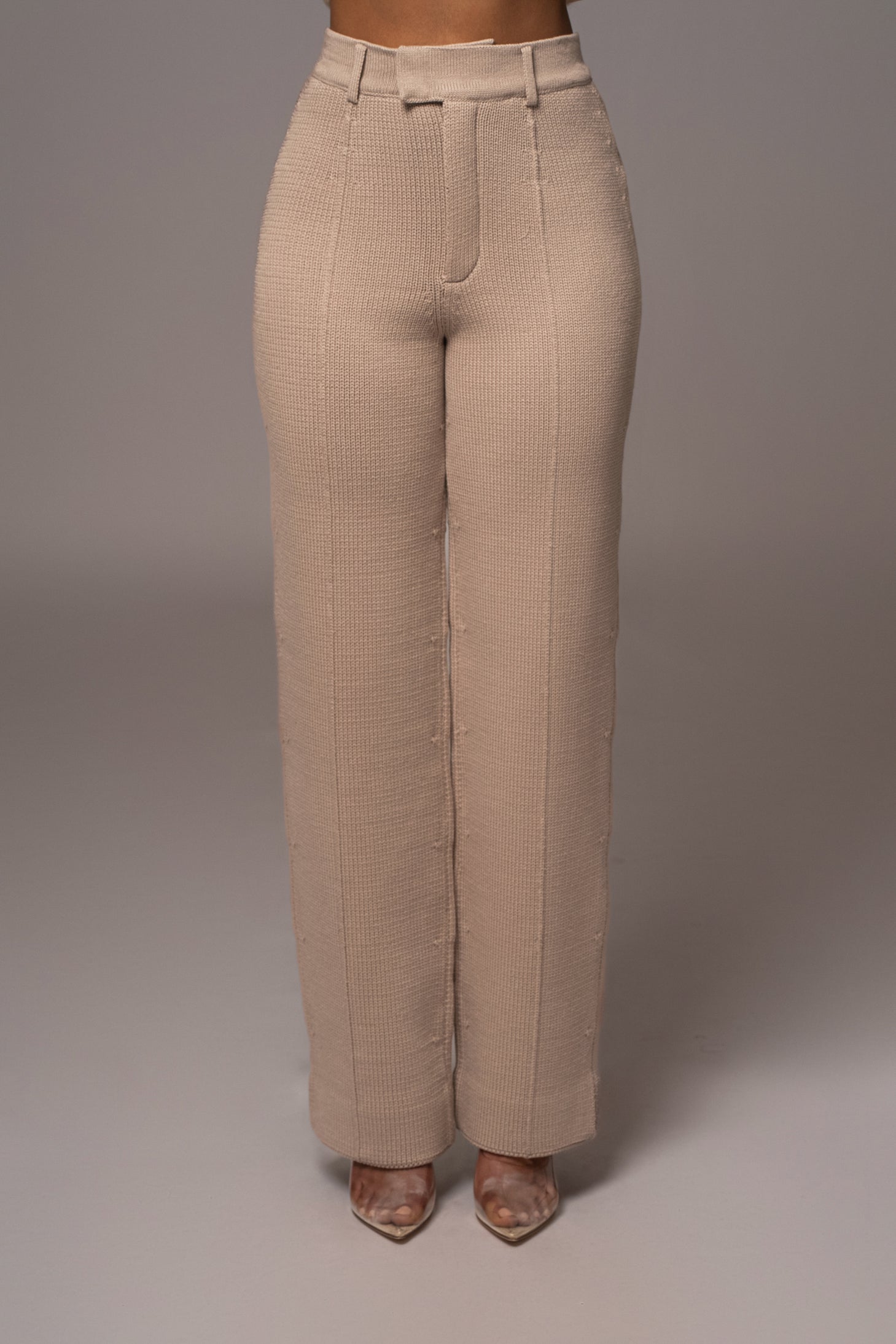 Beige Back In Business Knit Trousers - JLUXLABEL