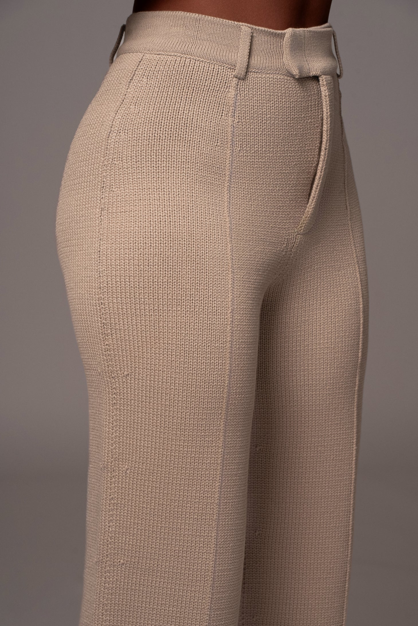 Beige Back In Business Knit Trousers - JLUXLABEL