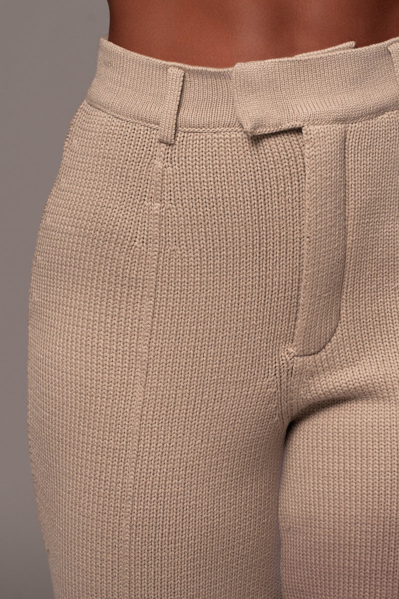 Beige Back In Business Knit Trousers - JLUXLABEL