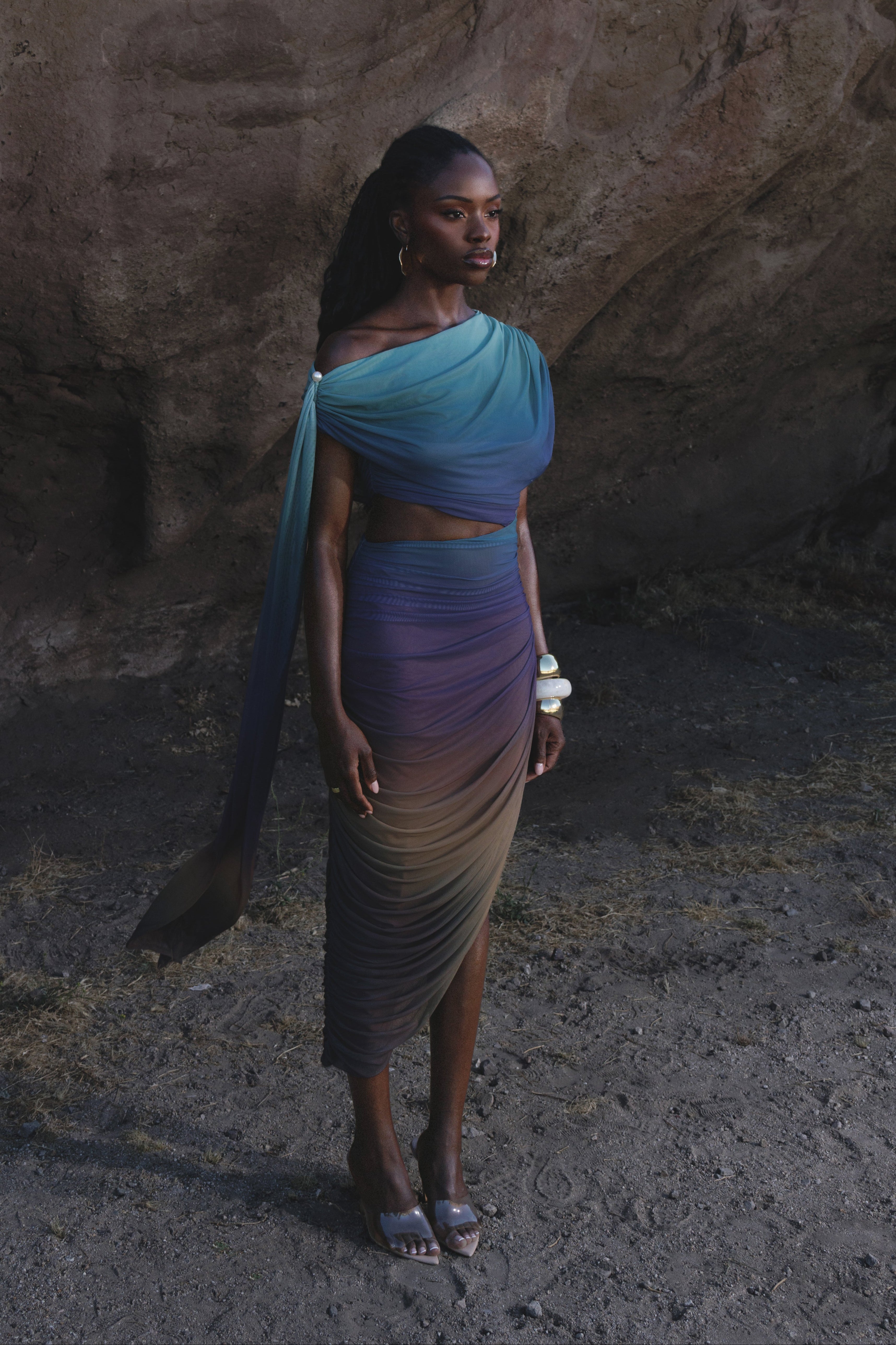 Lunar Shadow Aris cutout midi dress by JLUXLABEL featuring a stylish silhouette with cutout details, ideal for resort wear.