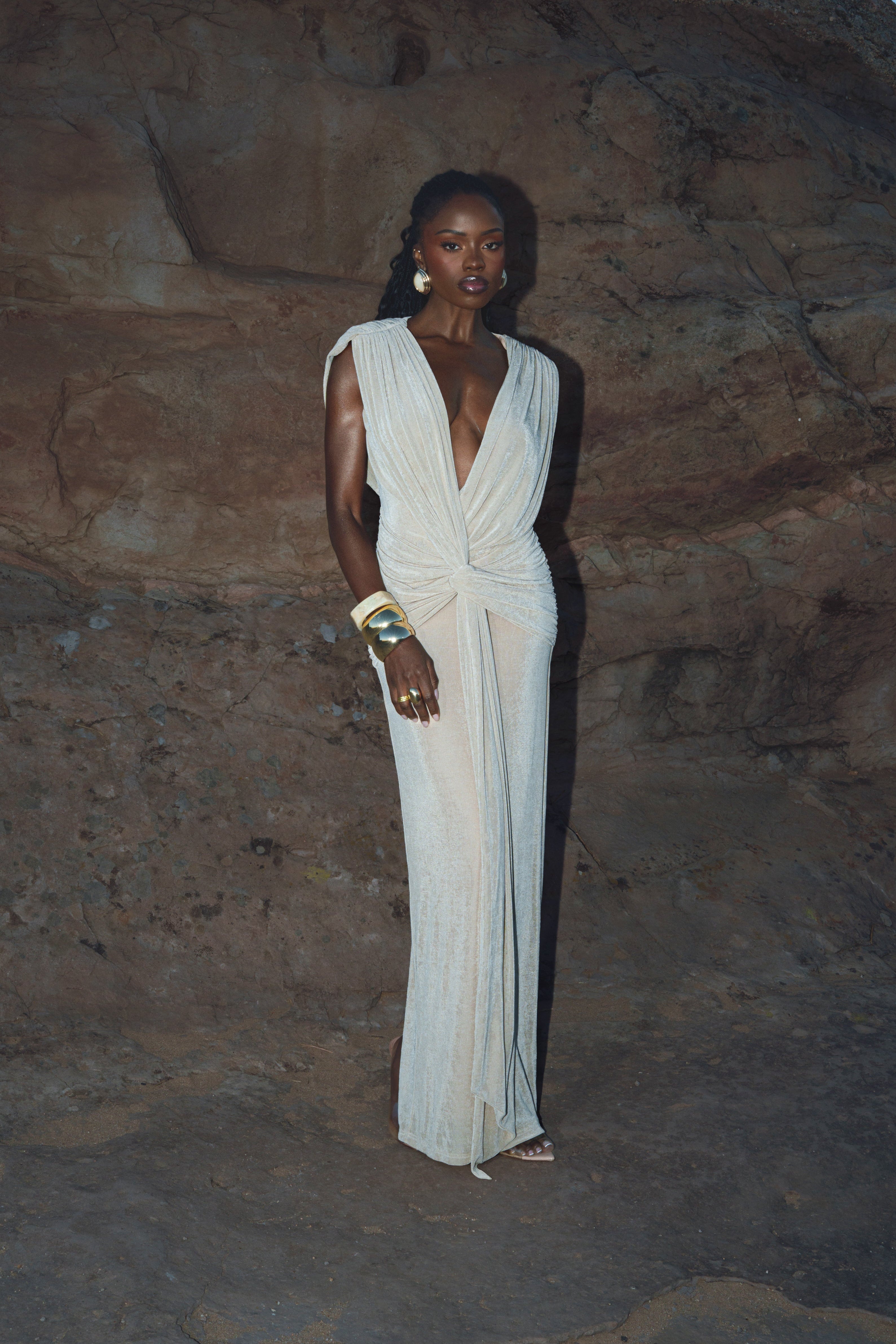 Stone Palma Plunge Maxi Dress by JLUXLABEL, featuring a flowing maxi dress with a deep plunge neckline, perfect for resort wear.