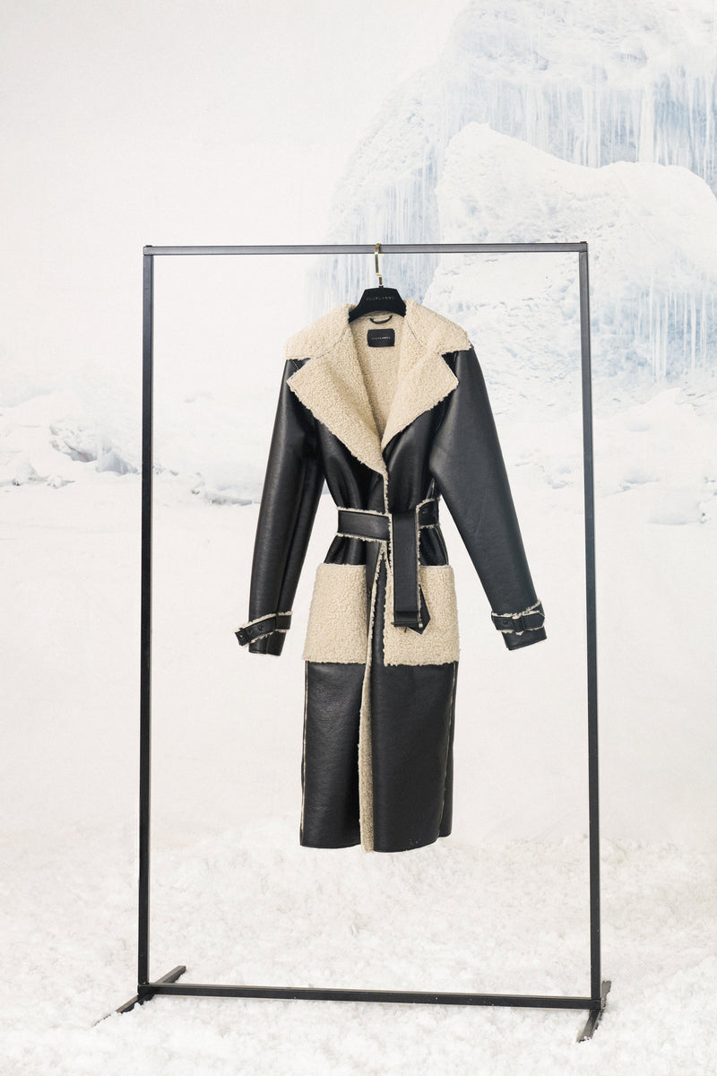 Black/Ivory Sherpa And Faux Leather Coat