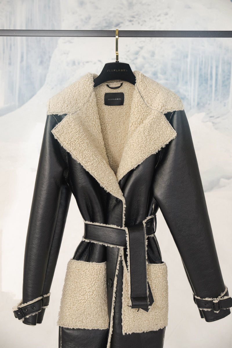 Black/Ivory Sherpa And Faux Leather Coat