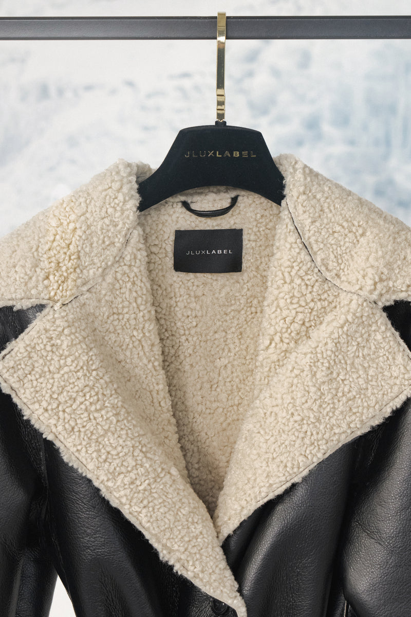 Black/Ivory Sherpa And Faux Leather Coat