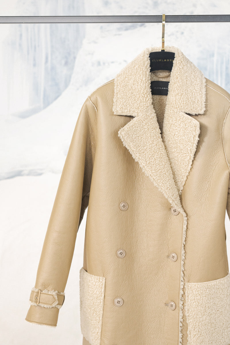 Beige/Ivory Sherpa And Faux Leather Coat