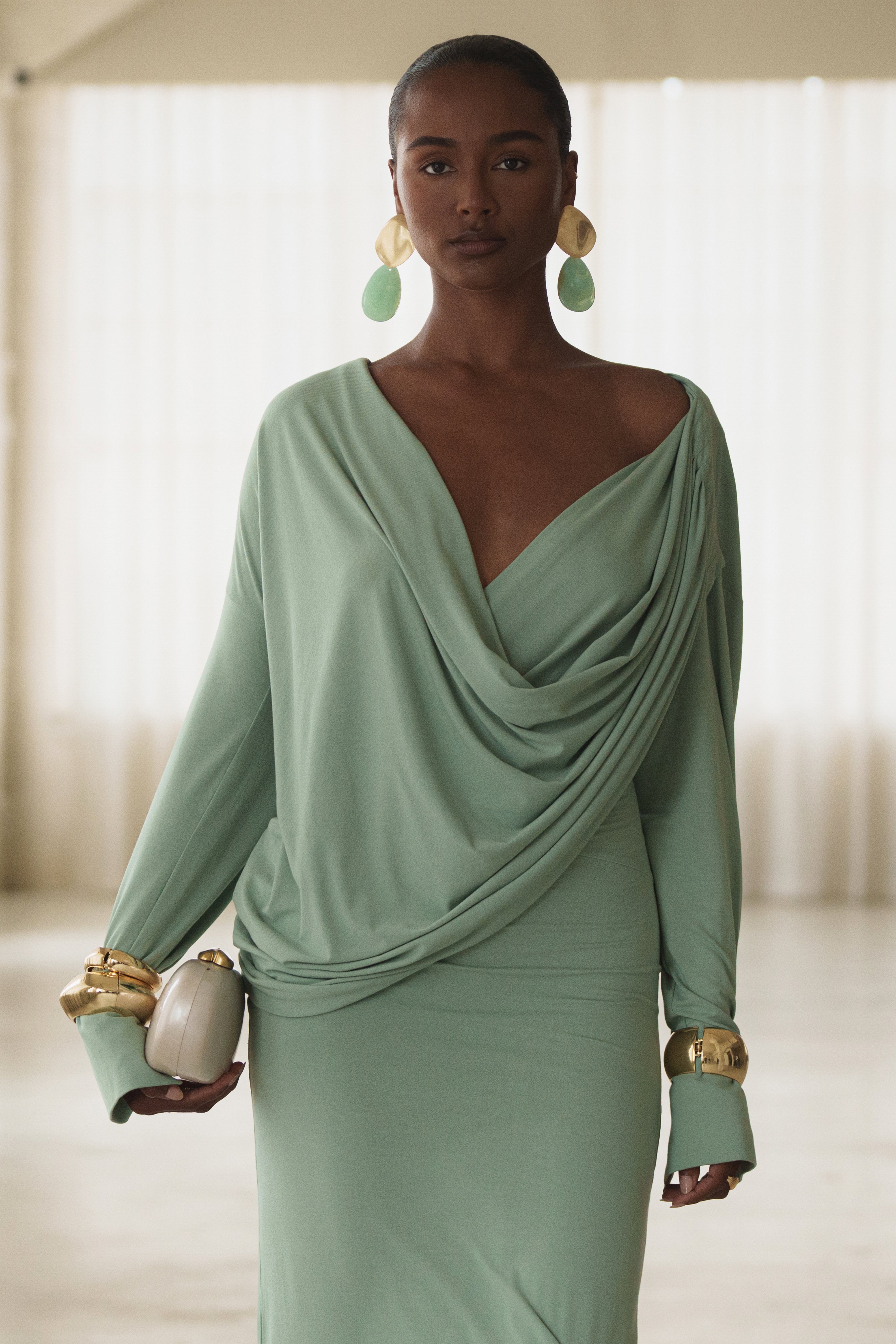 Mint Poise Draped Maxi Dress - JLUXLABEL