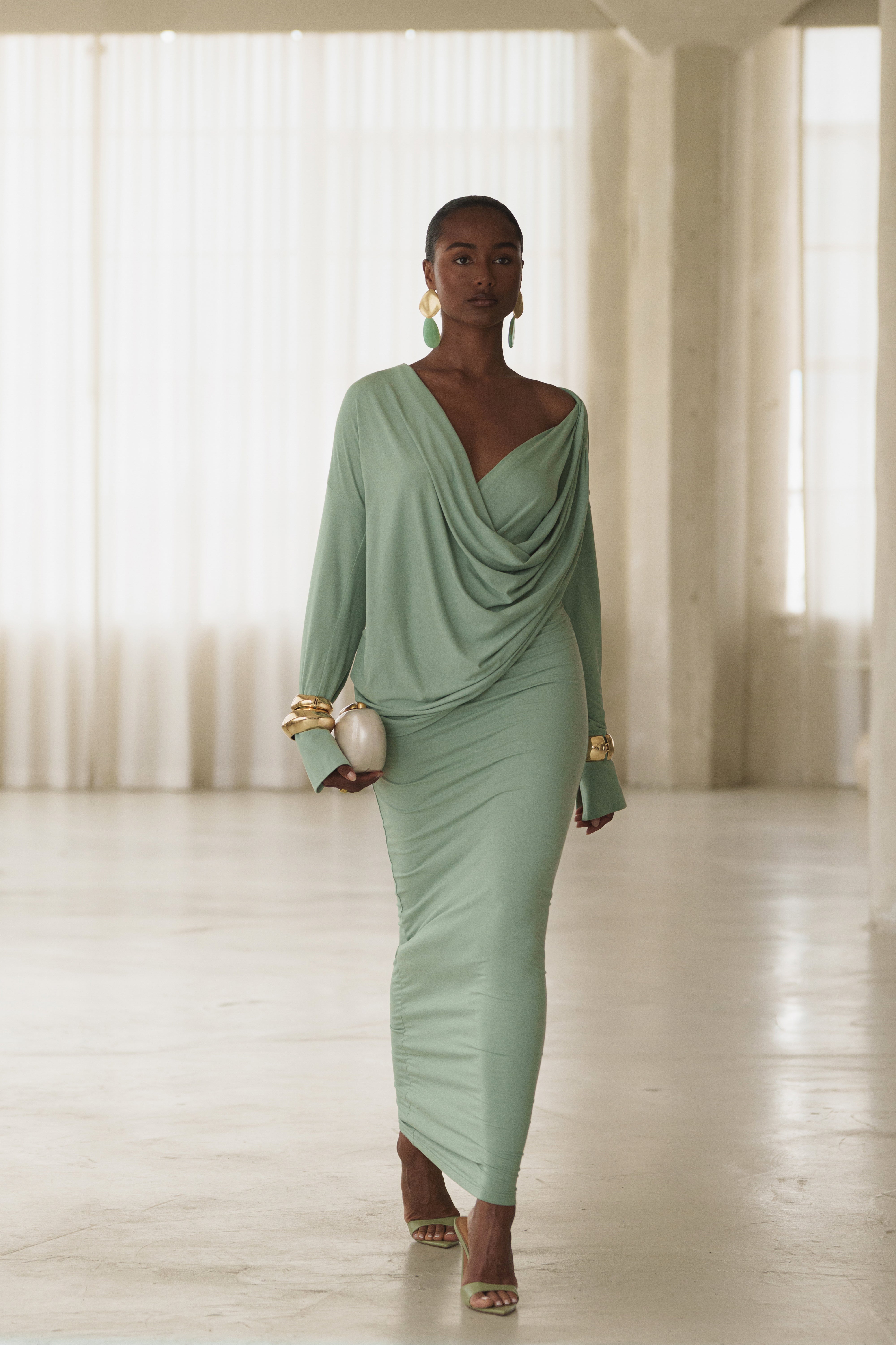 Mint Poise Draped Maxi Dress - JLUXLABEL