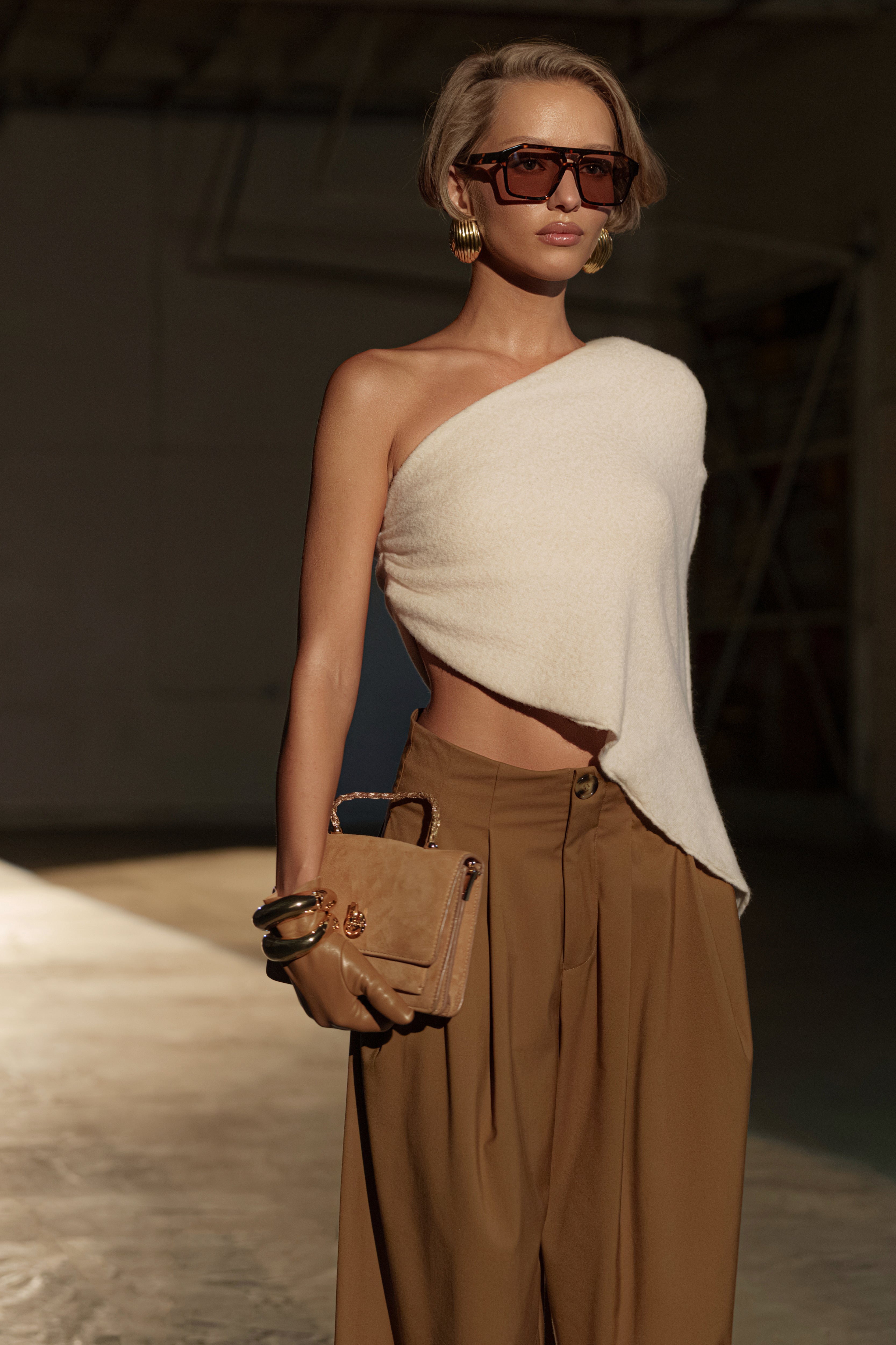 Tan Polished Pleat Trouser