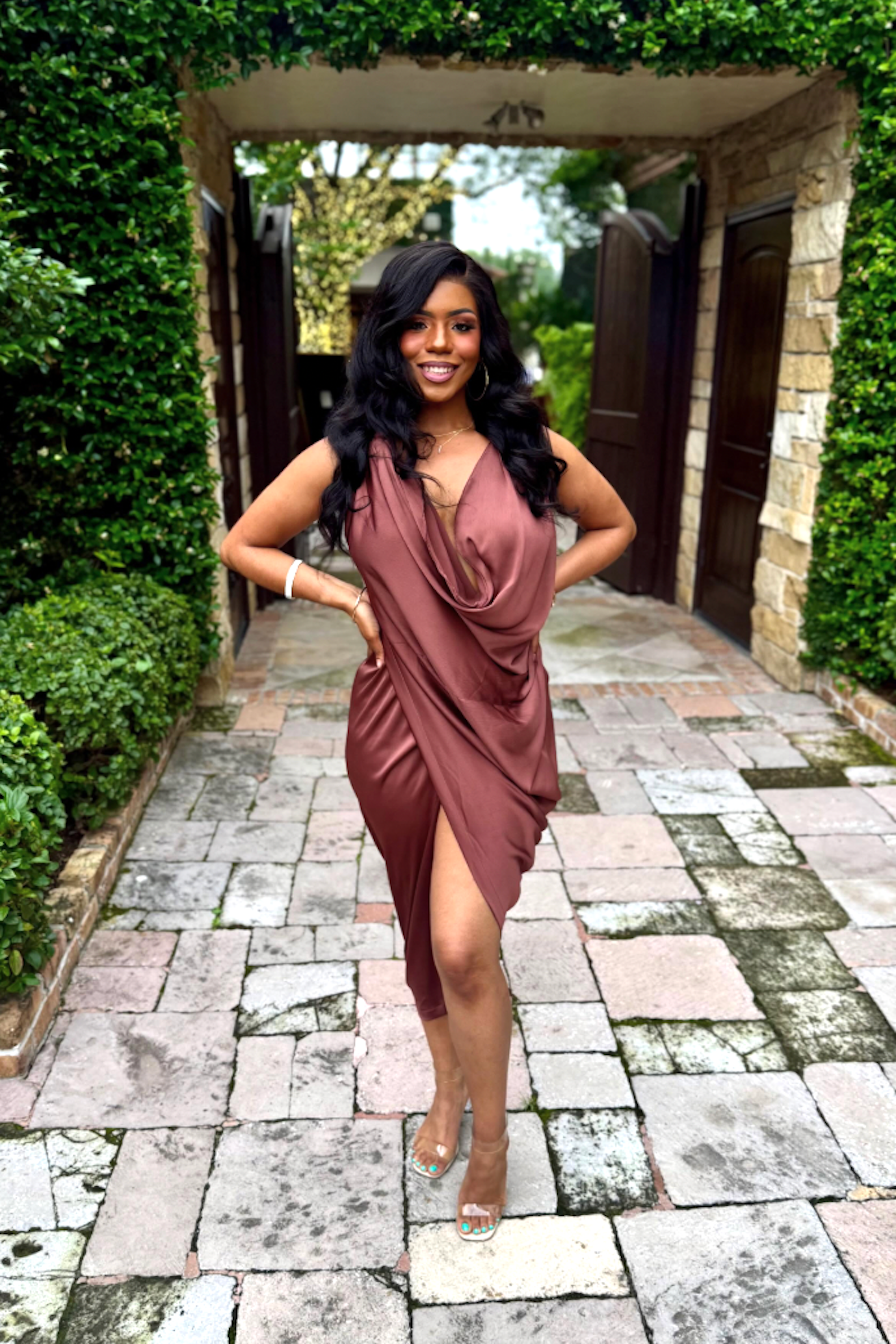 jluxlabel brown dress JLUXLABEL Celestina shimmer draped corset maxi dress in bronze
