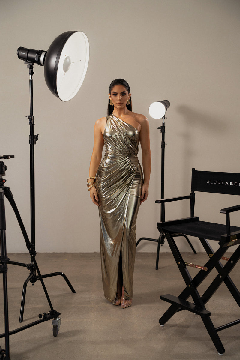 Gold Lavina Metallic Maxi Dress - JLUXLABEL