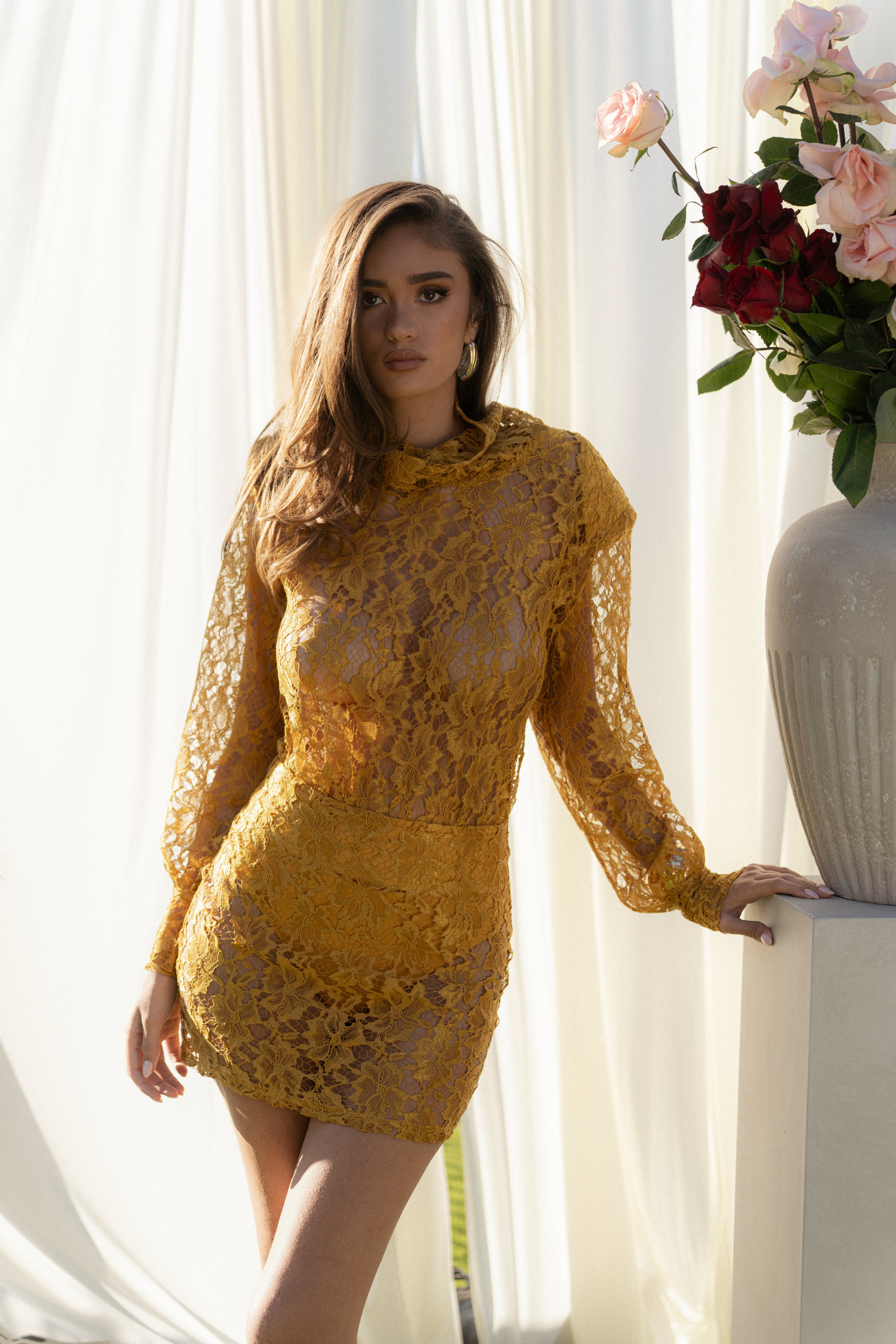 PRE-ORDER Mustard Devotion Lace Bodysuit & Skirt Set