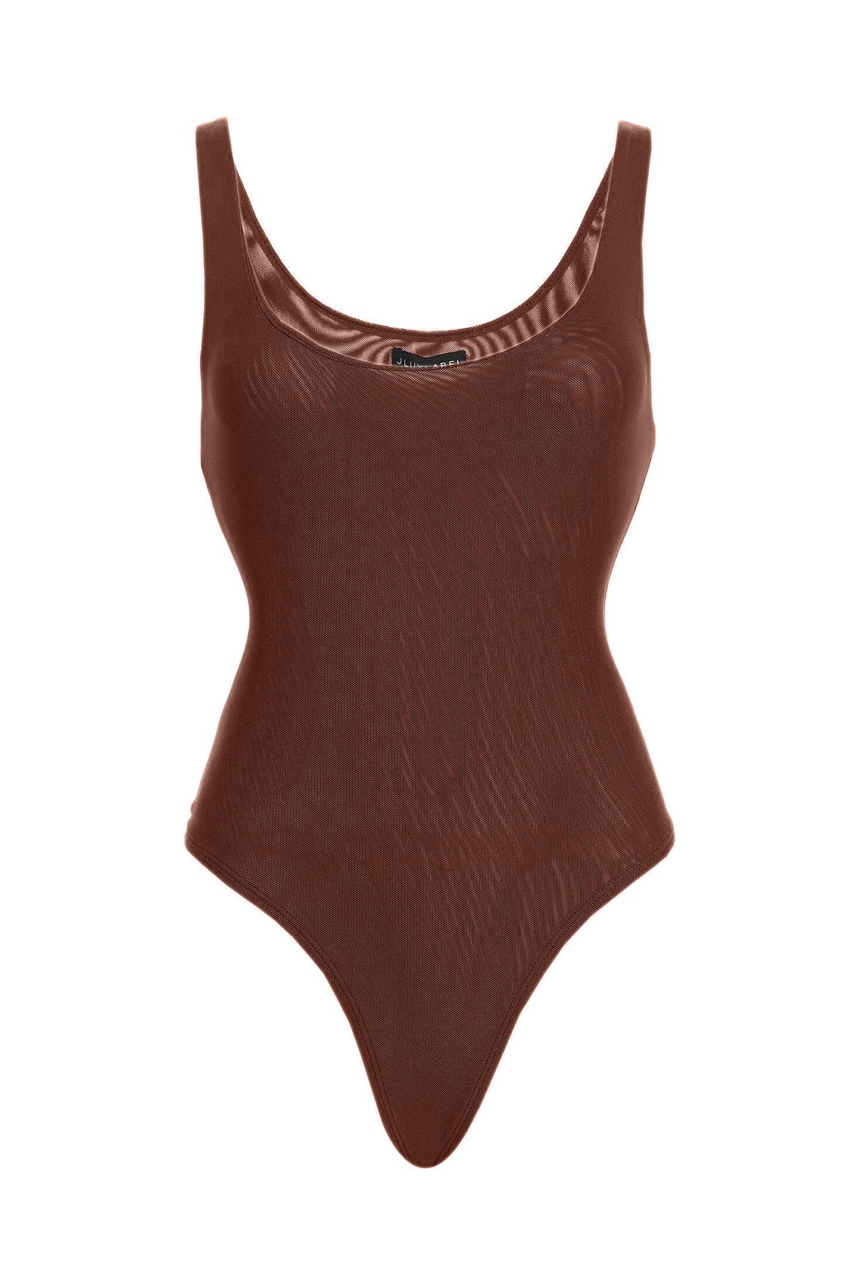 JLUXLABEL chocolate mesh tank bodysuit, classic coffee-colored undergarment with breathable mesh fabric, stylish and comfortable top.