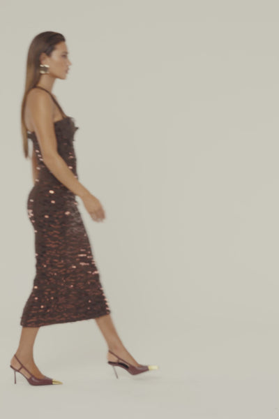 Brown Veil Of Petals Midi Dress