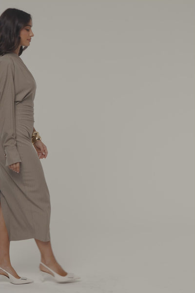 Beige Presence And Elegance Pinstripe Dress
