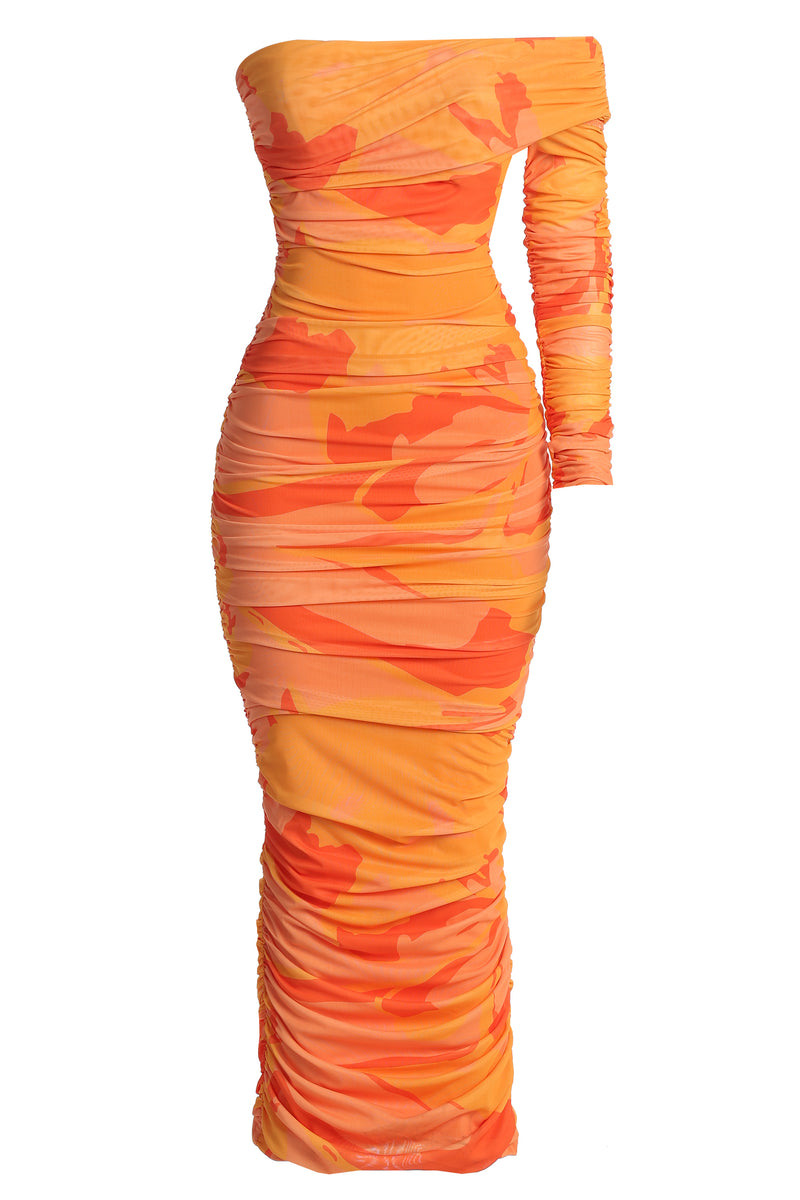 Orange Capri Ruched Dress - JLUXLABEL