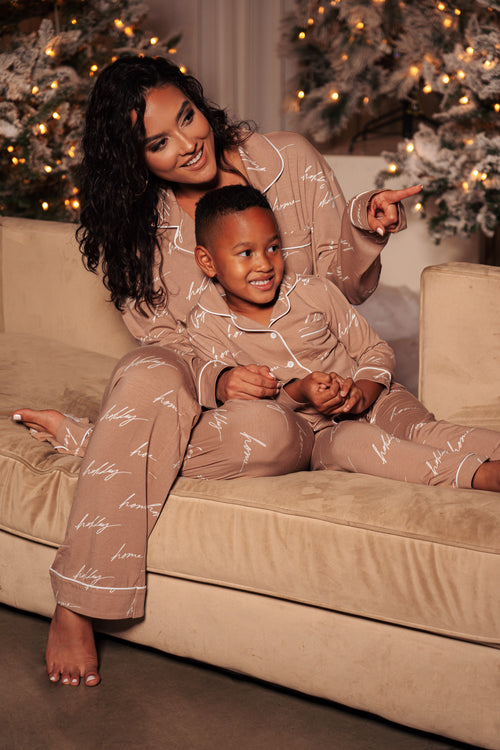 White/Tan Home For The Holiday Kids Pajama Set - JLUXLABEL