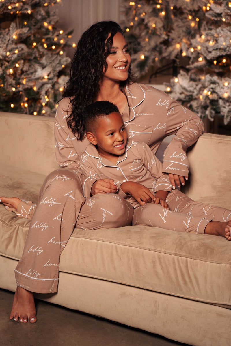 White/Tan Home For The Holiday Kids Pajama Set - JLUXLABEL