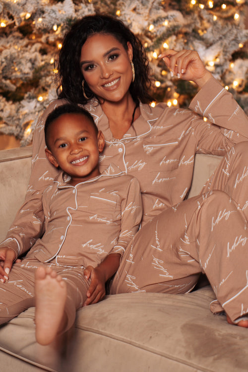 White/Tan Home For The Holiday Adult Pajama Set - JLUXLABEL