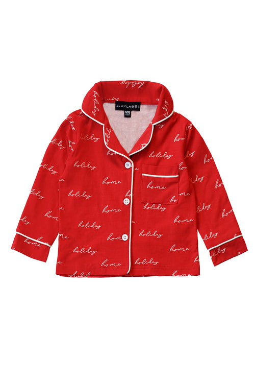 Red holiday-themed kids' top with ghost design from JLUXLABEL's Home For The Holiday collection, perfect for festive season.