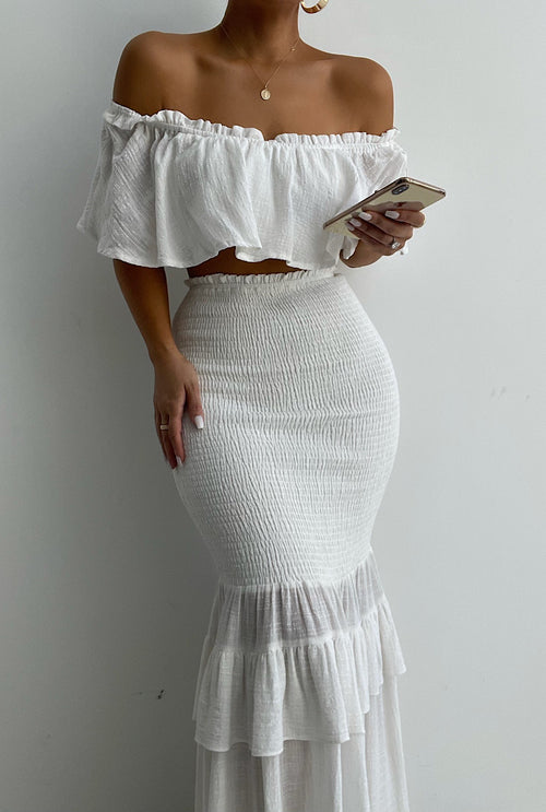 Louis Vuitton White Floral Printed Silk Ruffled Top & Skirt Set S/M