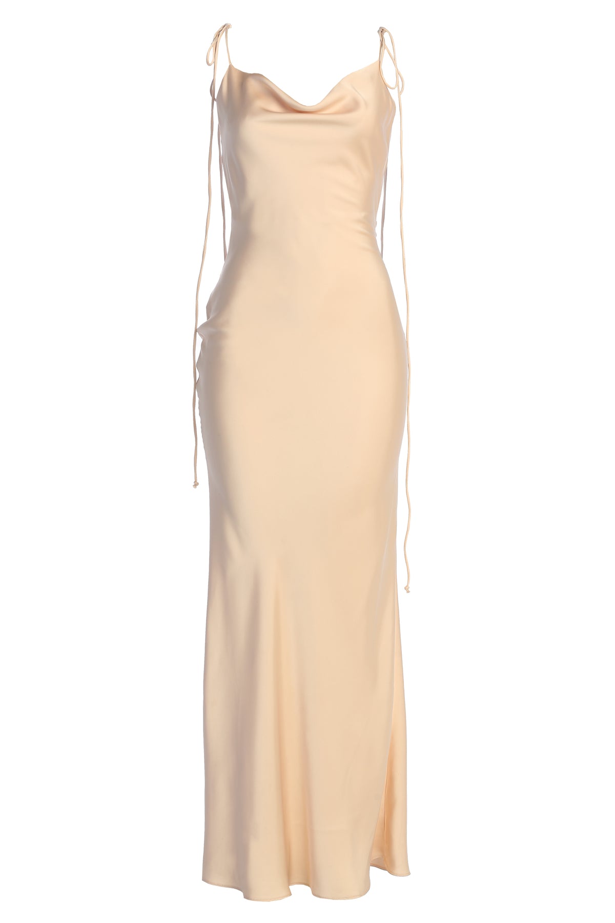 JLUXLABEL Champagne Irresistible Satin Maxi Dress showing elegant satin fabric and flowing silhouette on a model.