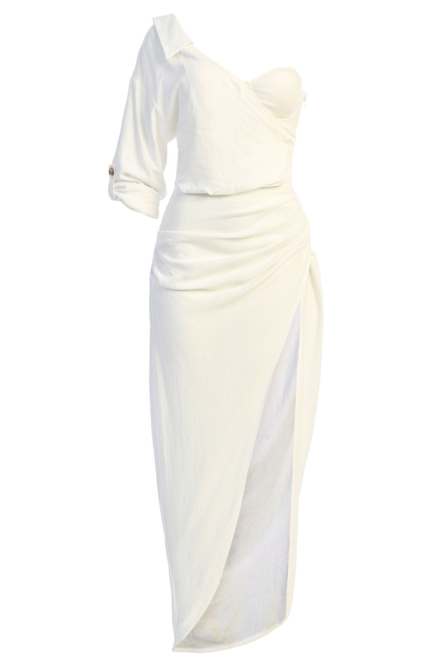 White Evita Linen Draped Dress | JLUXLABEL