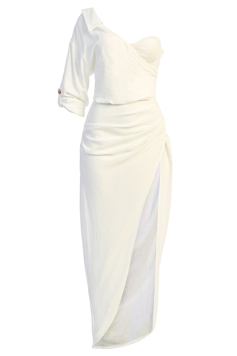 White Evita Linen Draped Dress - JLUXLABEL