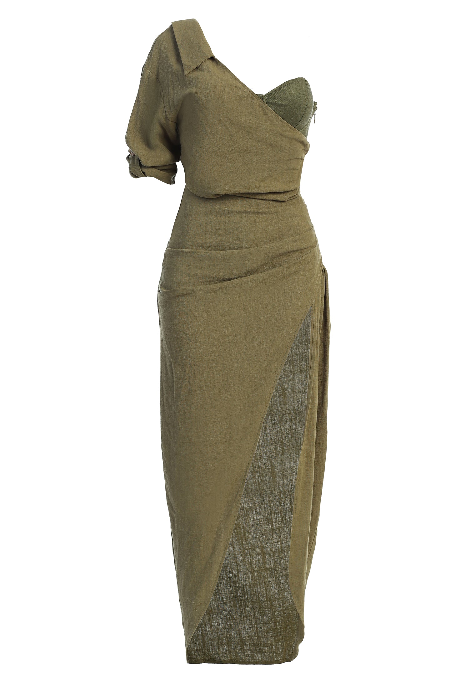 Olive Evita Linen Draped Dress - JLUXLABEL