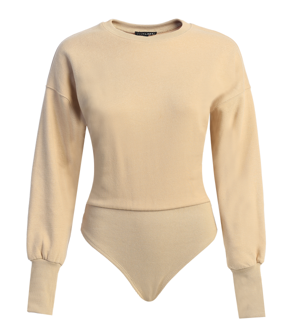 Beige Ambreal Crew Neck Bodysuit - JLUXLABEL