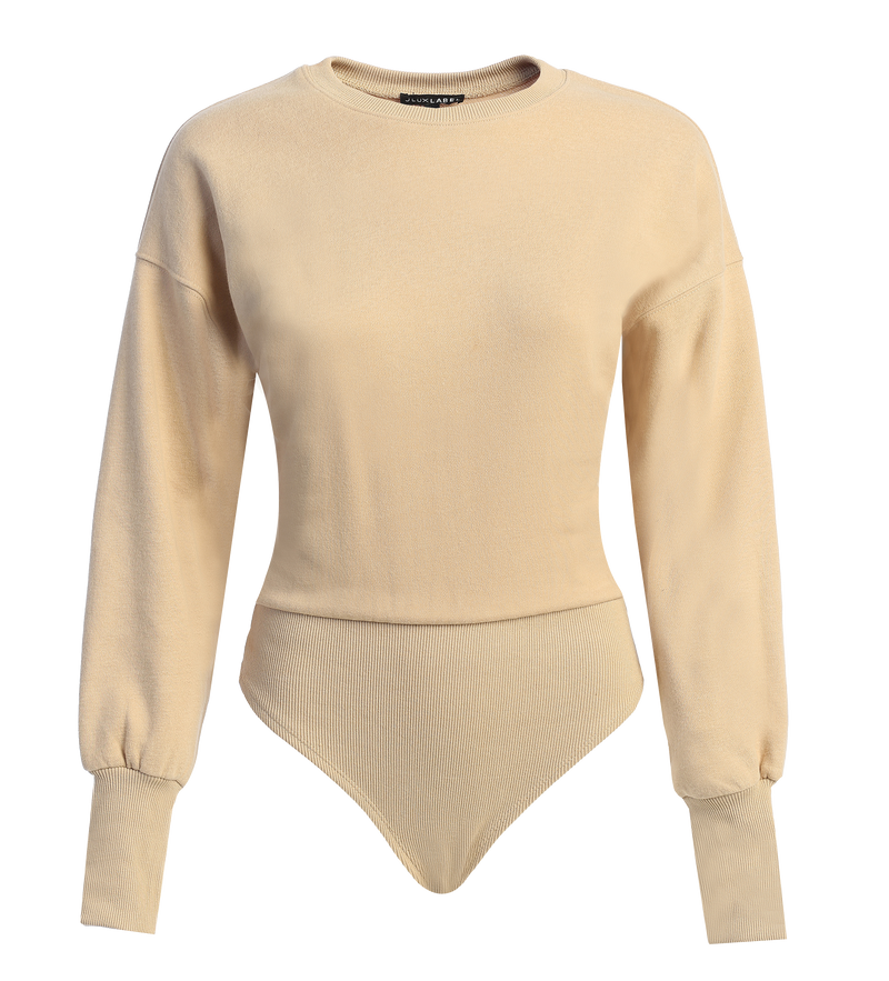 Beige Ambreal Crew Neck Bodysuit - JLUXLABEL