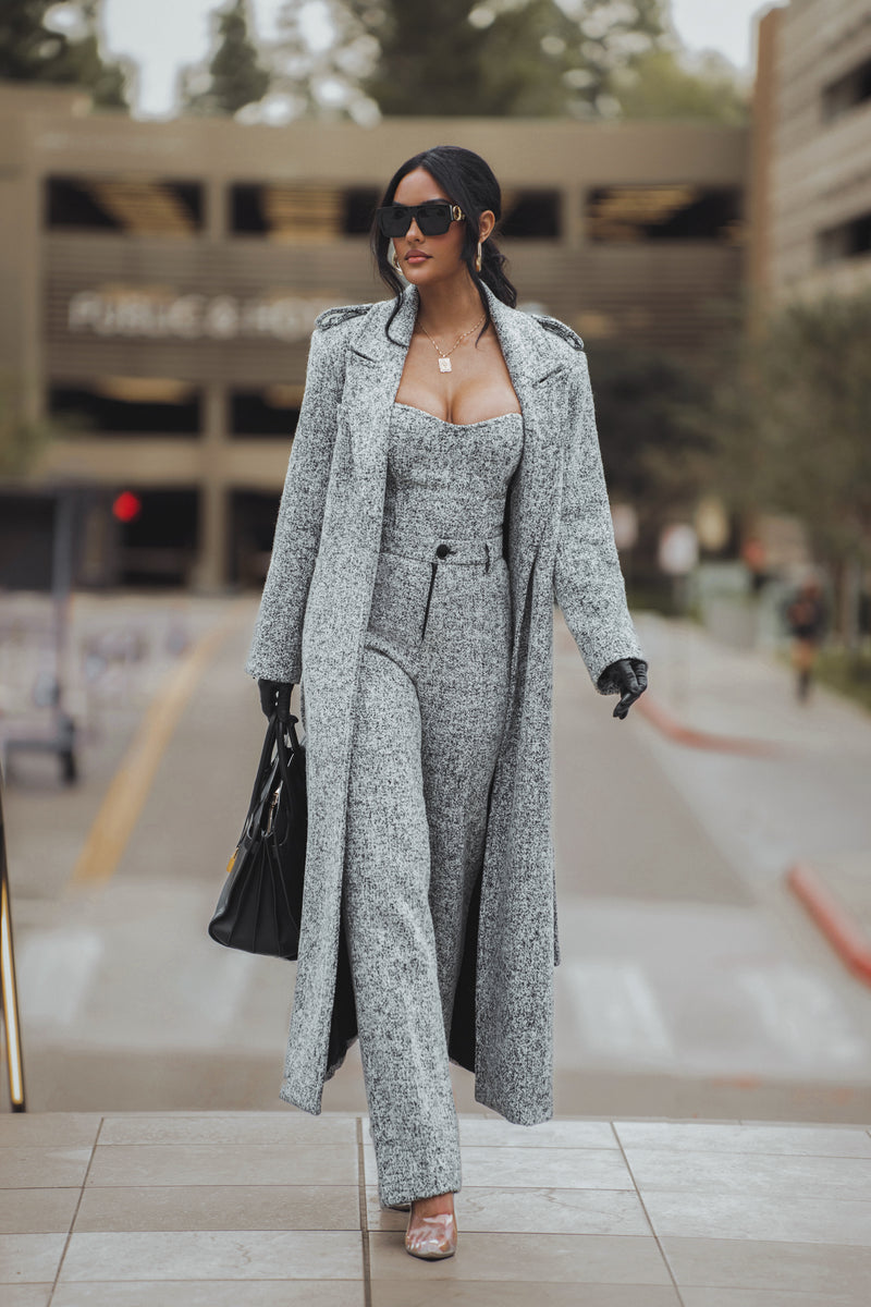 Ruffle Front Belted Tweed Coat in Grey