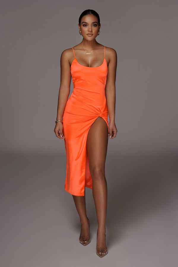 Orange Aldis Satin Slit Dress - JLUXLABEL