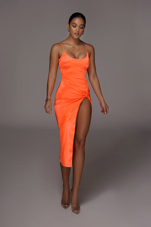 Orange Aldis Satin Slit Dress - JLUXLABEL