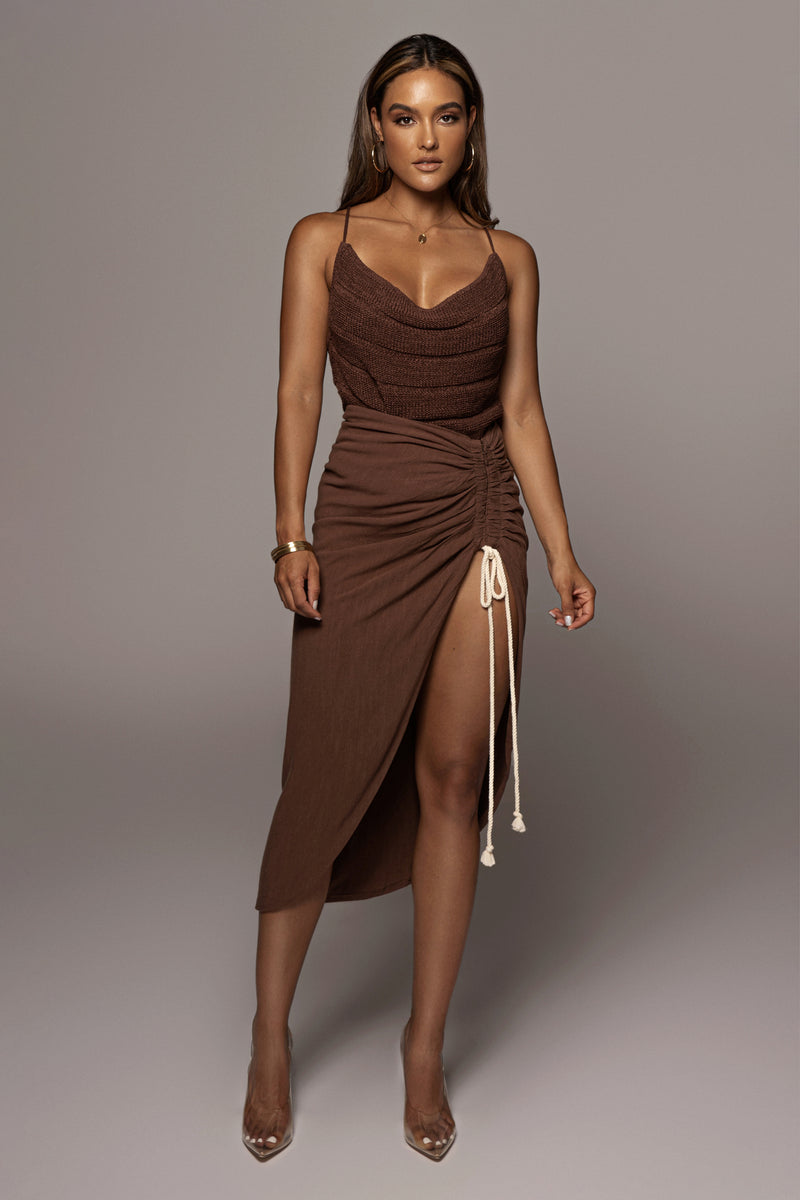 CHOCOLATE SPRING RUCHED LINEN SKIRT
