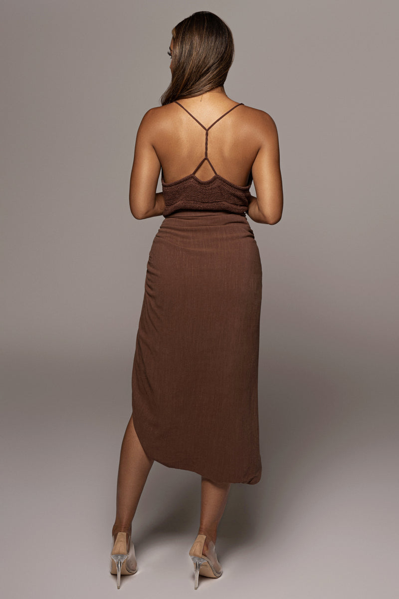 BACK VIEW CHOCOLATE SPRING RUCHED LINEN SKIRT