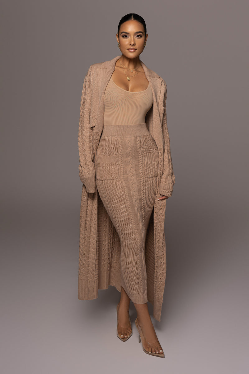 Tan Missy Cable Sweater Midi Skirt - JLUXLABEL