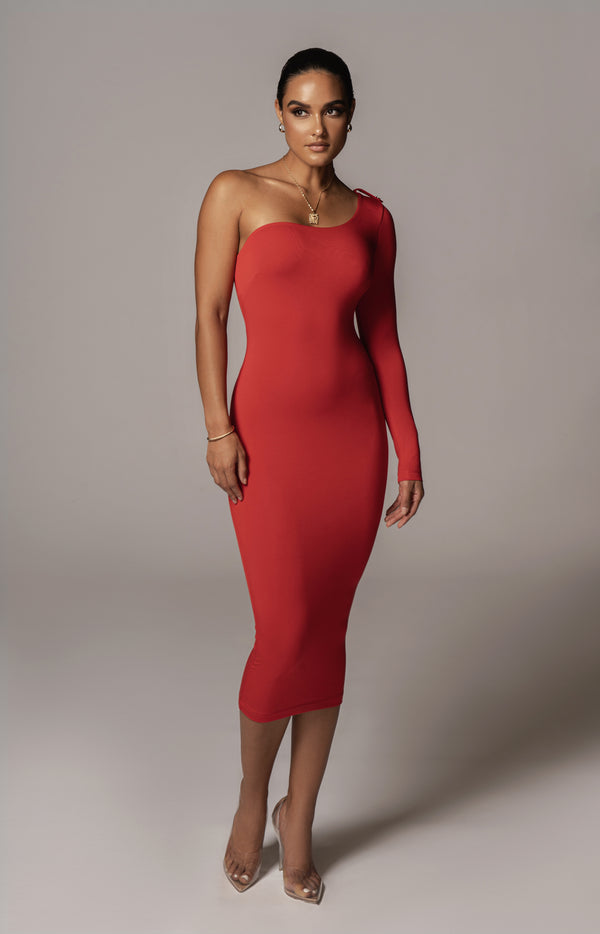 Jluxbasix Red Em One Shoulder Basic Dress