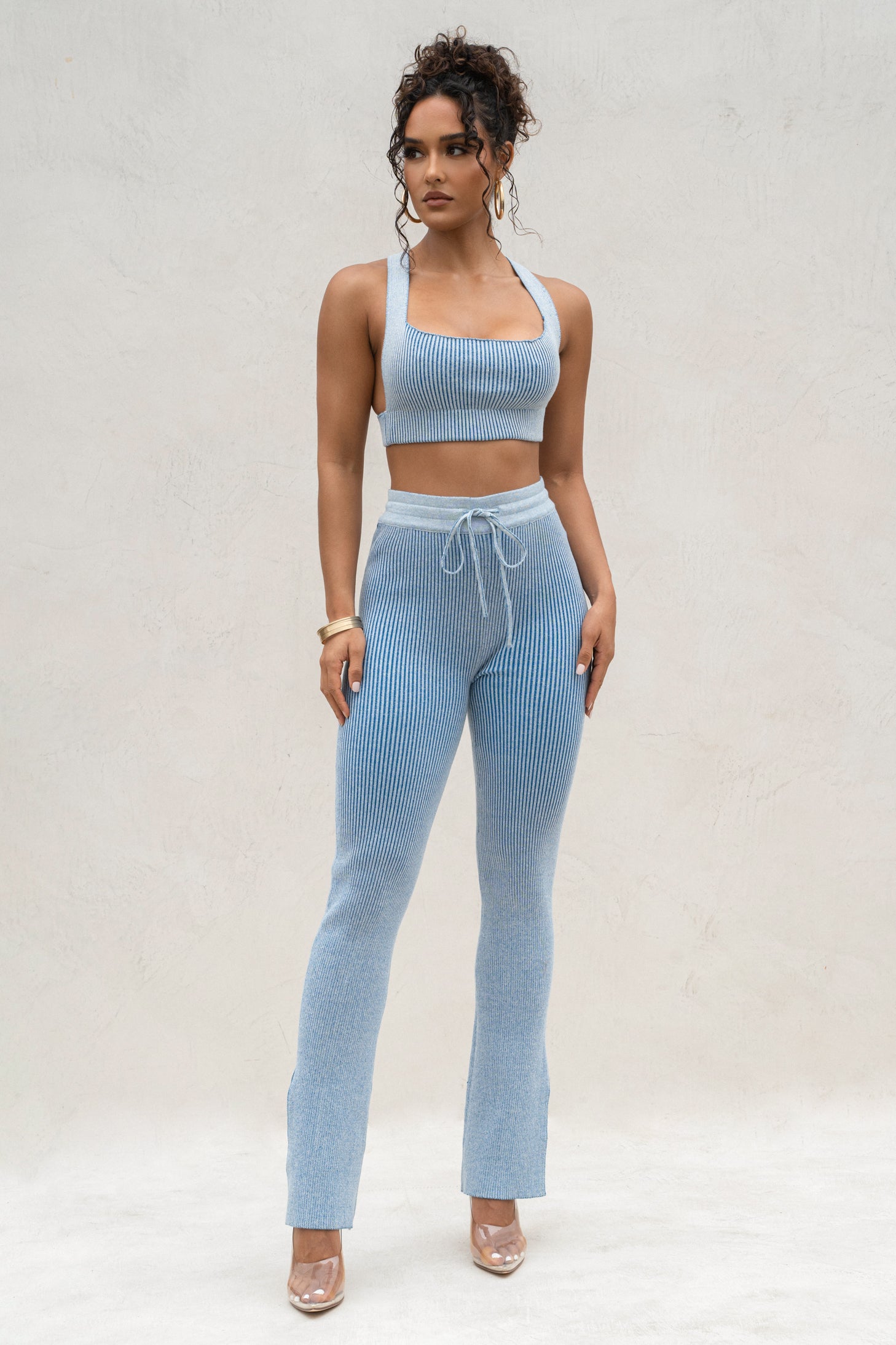 Denim/White Faya Ribbed Pants - JLUXLABEL