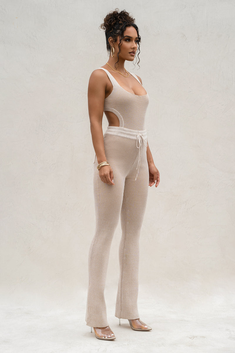 Taupe/White Faya Ribbed Pants - JLUXLABEL