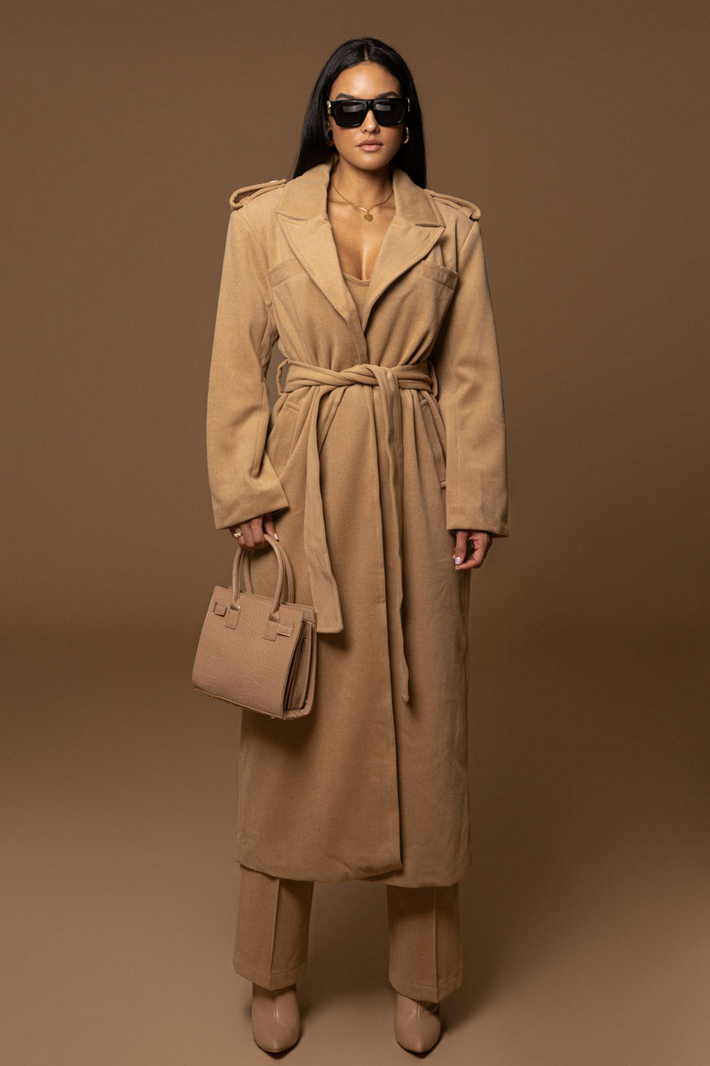 Camel Savannah Belted Wool Coat | JLUXLABEL