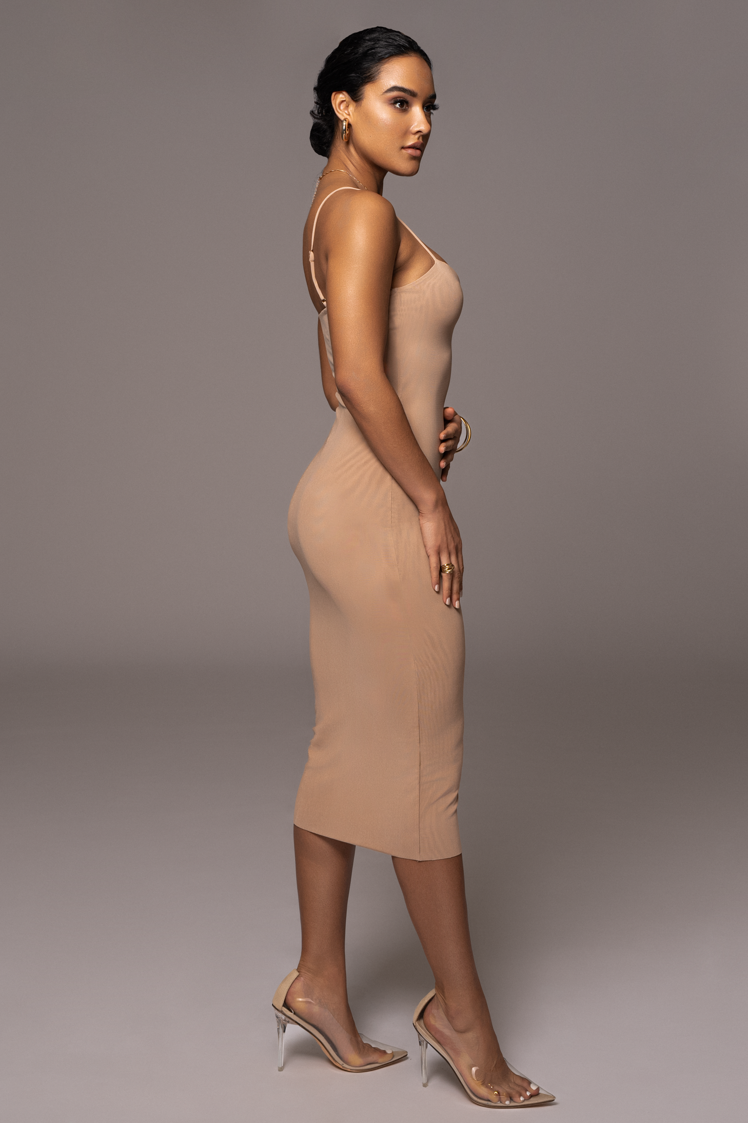 Beige Rochelle Mesh Midi Dress - JLUXLABEL