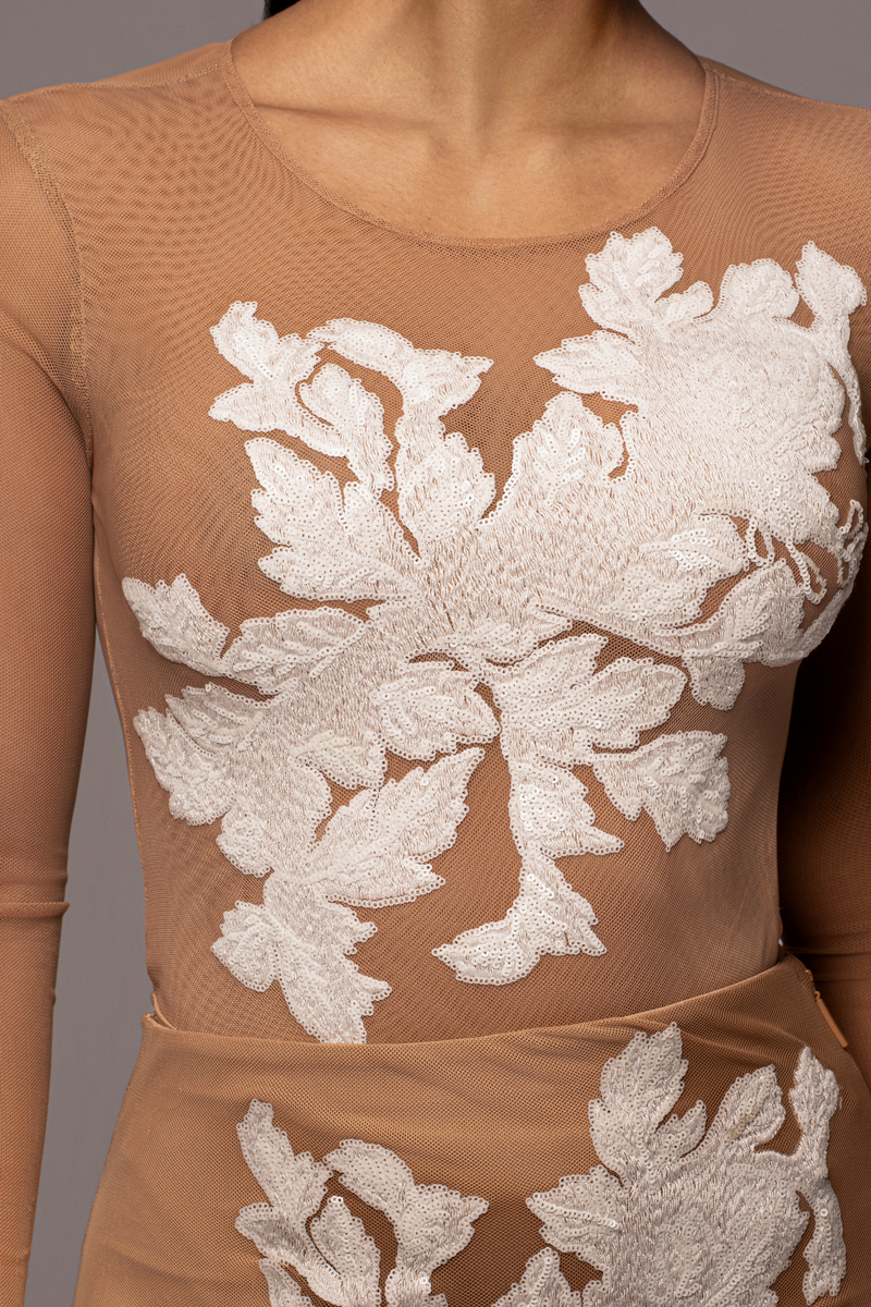 Double strap embroidered mesh overlay bodysuit dress hot sale